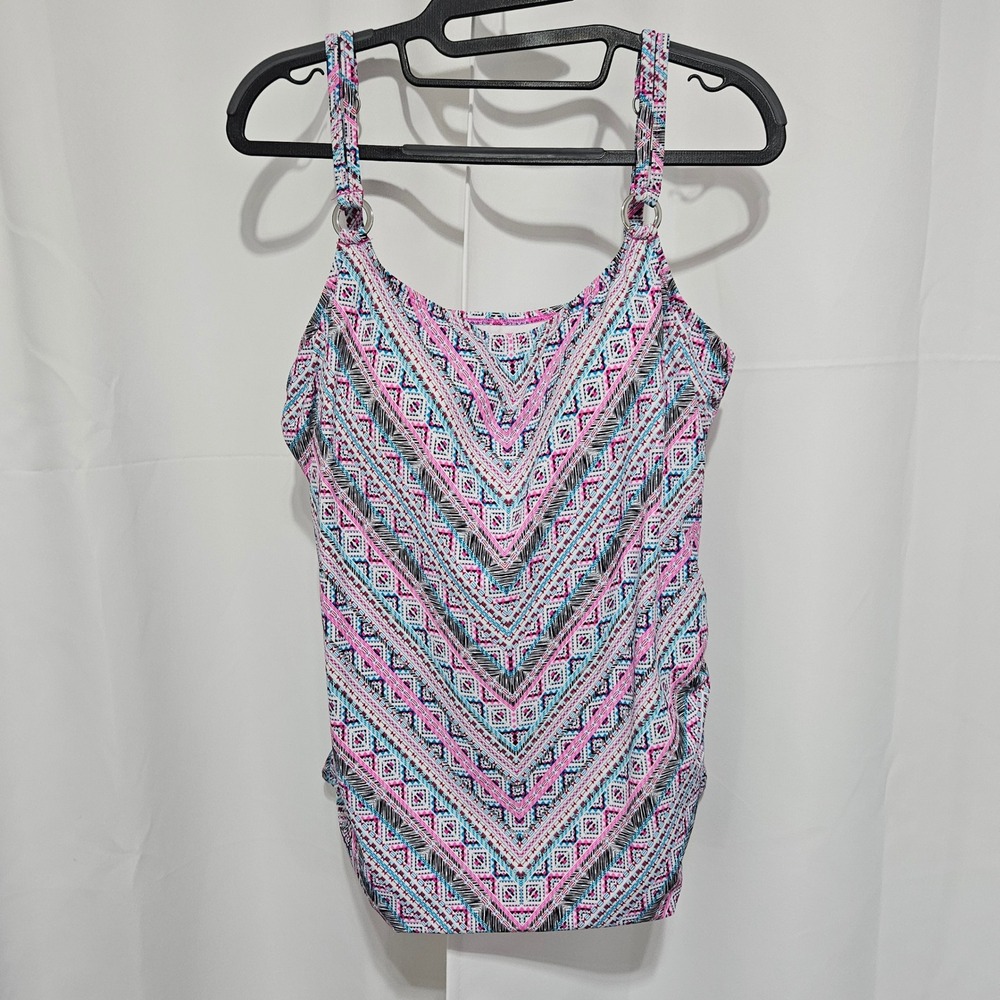 Bal Harbour Swim Tankini Top XL Pink Blue Geometric Chevron Ruched beach cruise